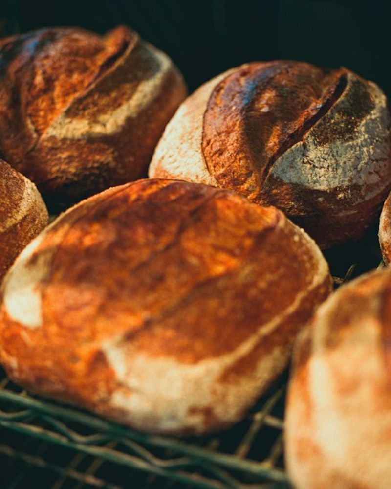 Loaves of bread on a bakery rack