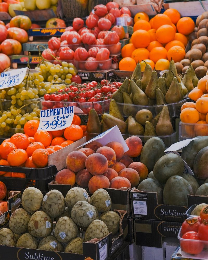 Fruit and vegetables stacked on a shop display